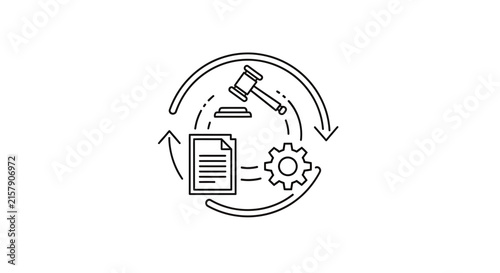 Legal Process Workflow Icon: Gavel, Document, Gear, Cycle Arrows