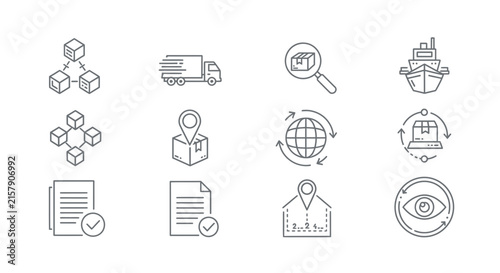 Logistics and Supply Chain Icons: Delivery, Tracking, Shipping, Global Network, Documents