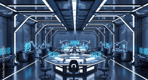 Advanced control room with holographic displays and robotic arms for complex operations
