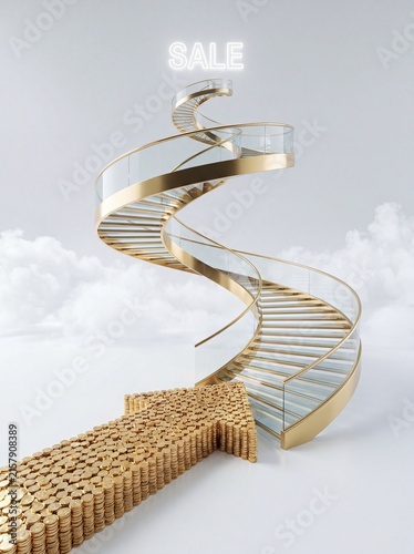 A golden ladder of success and a coin arrow for the SALE. The 