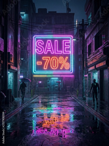 A cyberpunk city at night with a bright neon sign advertising a 70 percent off sale. The 