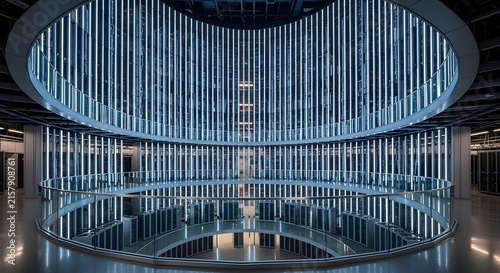 Circular data center interior with curved walls of illuminated server racks