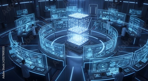 Futuristic control room with holographic displays and scientists