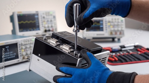 Technician using screwdriver to assemble electronic circuit board on white table with technician wearing blue