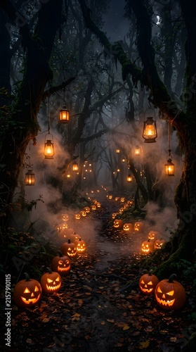 Dark enchanted forest with glowing lanterns, pumpkins and swirling mist, mysterious Halloween fantasy scene, ultra realistic, no text, no logo, no watermark