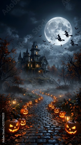 Epic Halloween night scene with glowing jack-o'-lanterns, haunted house, witches flying across the full moon, bats, fog, autumn trees, cinematic composition, ultra realistic commercial stock photo