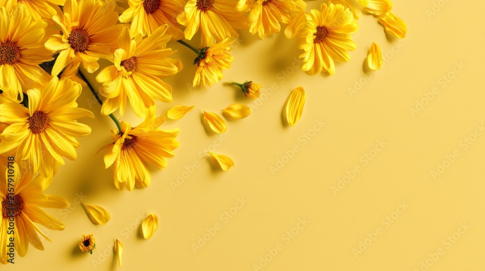 Fototapeta premium Bright yellow chrysanthemum flowers and scattered petals framing wide copy space