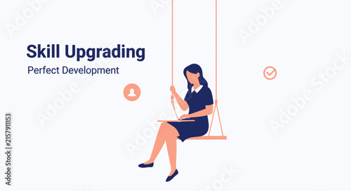 Woman on Swing Using Laptop for Skill Upgrading and Perfect Development Concept