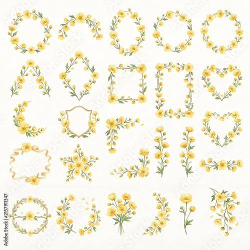Yellow Buttercup Watercolor Floral Frames, Wreaths, Borders and Botanical Elements Collection