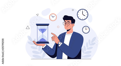 Business Man Holding Hourglass with Clocks in Background, Concept of Time Management and Productivity