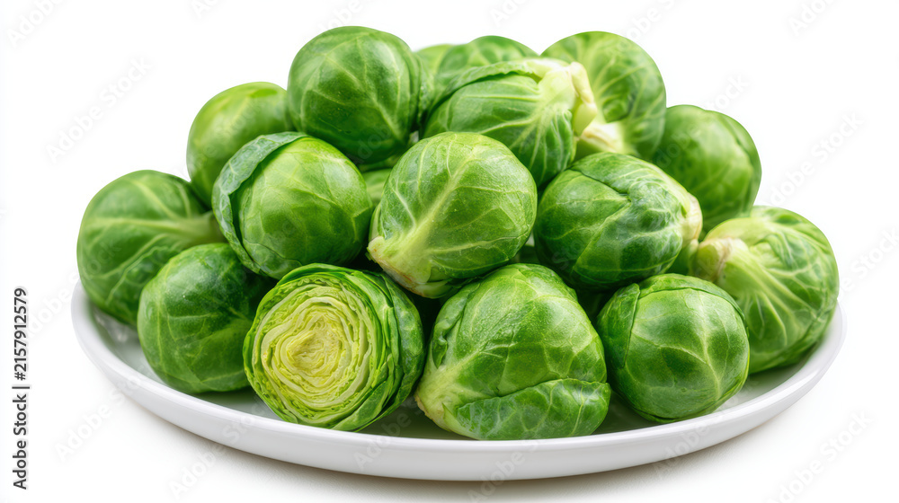 Fototapeta premium Fresh green Brussels sprout vegetable on white plate, healthy organic food closeup with natural texture and vibrant color