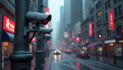 Close-up of a security camera mounted on a pole with blurred city lights. Urban surveillance, public safety, monitoring, and smart city technology concept.