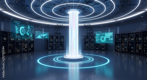Sci fi energy core with blue light and smoke in advanced facility