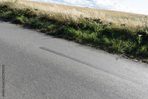 Foto Skid marks on a quiet country road, illustrating an unexpected event or emergenc