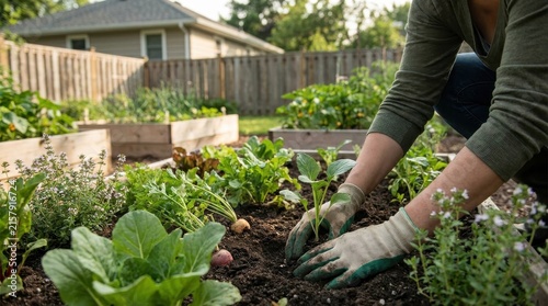 Gardener cultivating diverse vegetables through companion planting in suburban permaculture