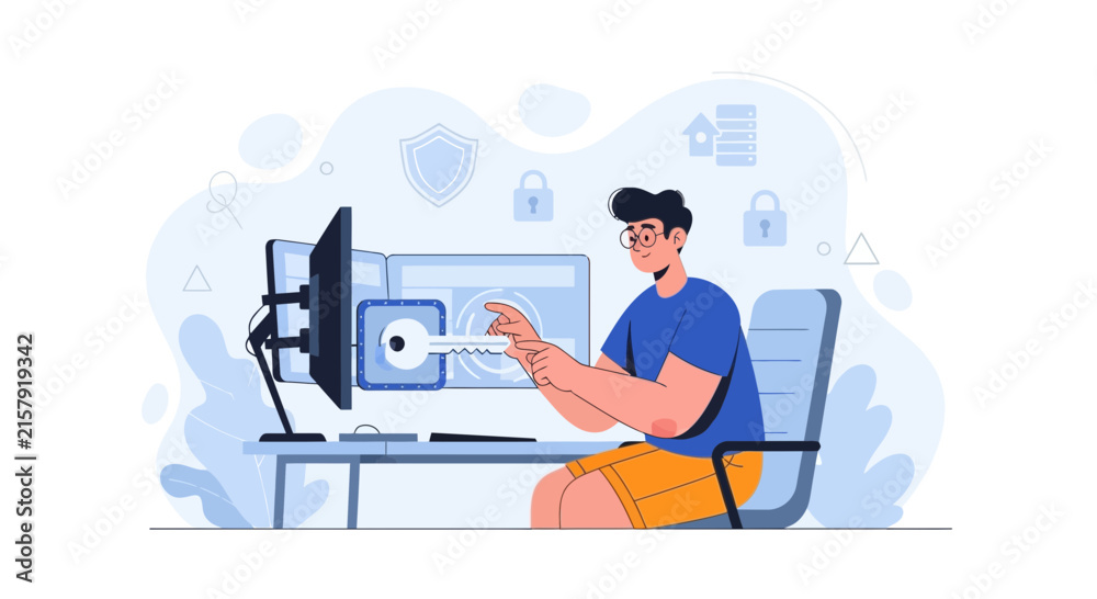 Fototapeta premium Digital Security Concept: Person Accessing Computer with Key, Cybersecurity, Data Protection, Authentication