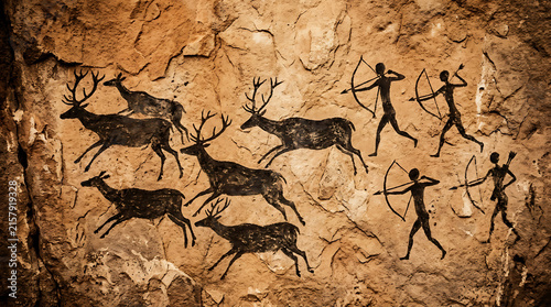 Ancient prehistoric cave painting showing hunters with bows chasing deer on stone wall