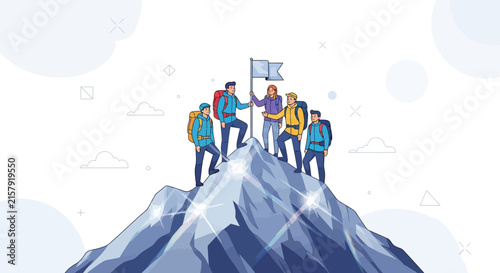 Diverse Team Celebrates Summit Victory: Adventurers Plant Flag on Mountain Peak