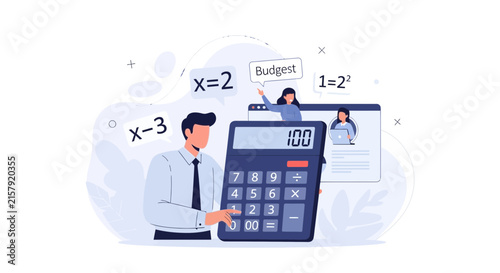 Finance and Math Concept Illustration: People using a calculator for budgeting and solving equations