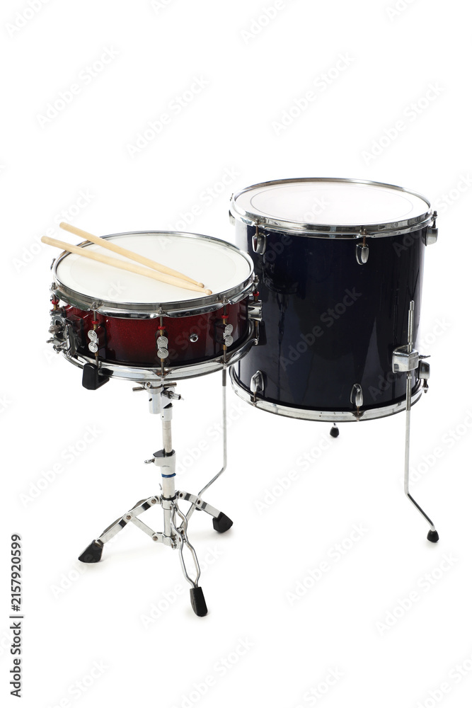 Fototapeta premium Snare and floor drums and drumsticks isolated on white