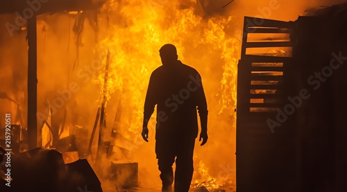Silhouette Figure Walking Through Burning Room with Fire Glow
