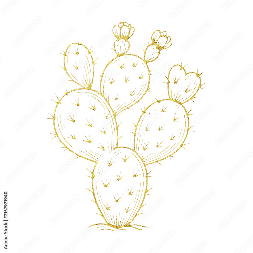 Naklejka premium PNG Golden cactus sketch on black.