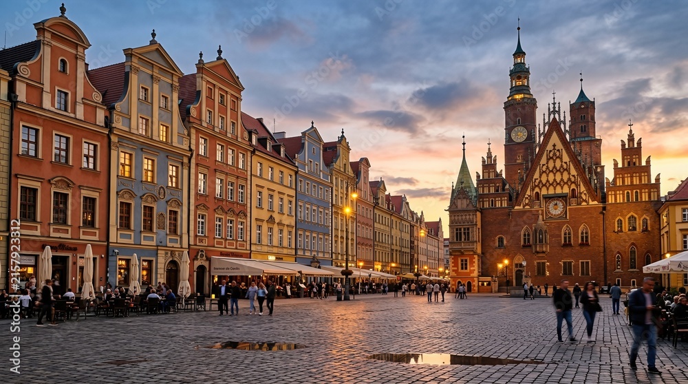 Obraz premium At sunset, the Old Town of Wroclaw, Poland, features multicolored houses and the City Hall on Market Square