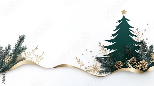 Festive Christmas Tree Border: A stylized dark green Christmas tree adorned with a star, surrounded by pine branches, gold ribbon, and sparkling accents.