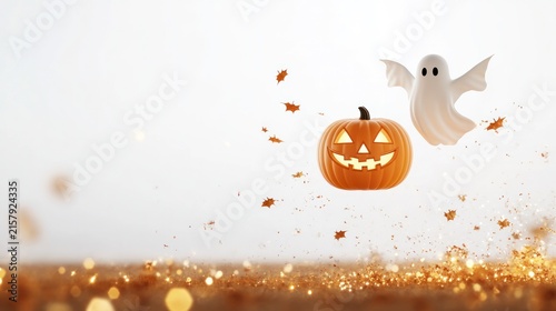 Spooky Halloween Fun: A grinning jack-o'-lantern and a playful ghost float amidst falling autumn leaves and sparkling bokeh lights, capturing the magical spirit of Halloween.