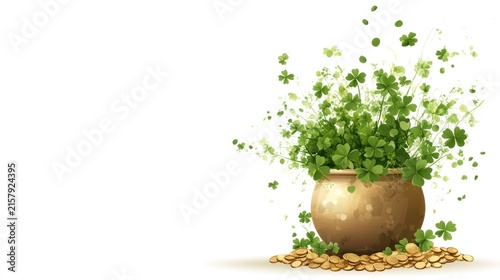 Pot of Clover and Gold: A pot overflows with lush green clover, scattering leaves into the air, resting on a bed of gleaming gold coins, evoking luck and prosperity.