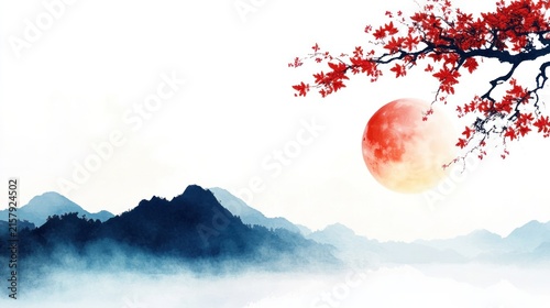 Serene Japanese Landscape: A tranquil scene depicting misty blue mountains shrouded in ethereal fog, under a vibrant red sun and a delicate branch with red leaves.