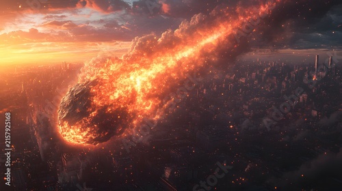 A fiery meteorite streaks through twilight sky over a sprawling cityscape, leaving glowing trail of fire and smoke. Dramatic cosmic event with urban backdrop, elegantly showcasing falling.