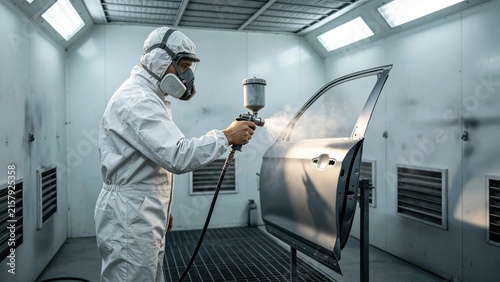 Painter spraying car in booth