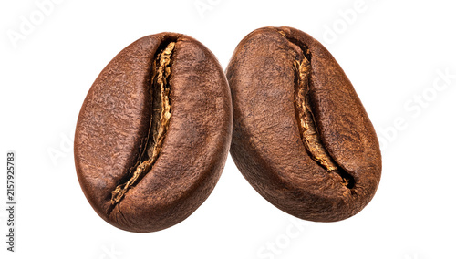 фотографія Macro Studio Close-up Shot of Two Roasted Coffee Beans Isolated on White Backgro