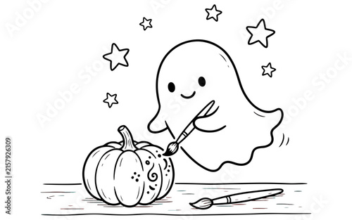 Cute ghost happily painting a smiling pumpkin with stars surrounding them