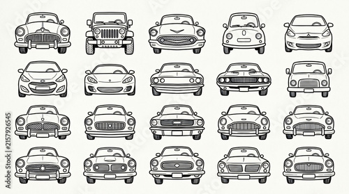 Car front grilles and headlights hand drawn illustrations set. Vintage doodle drawings of automotive nose shapes and classic vehicle faces. Clean line art collection for car design studio.