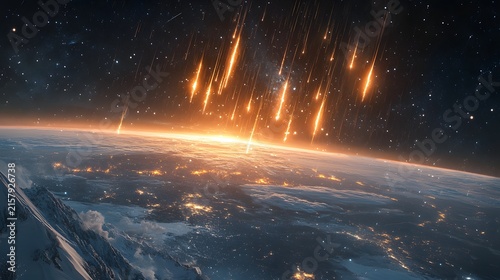 Aerial view captures dazzling Geminid meteor shower streaking across starry sky above snow-covered Earth. Golden trails illuminate frozen terrain below against glowing horizon.