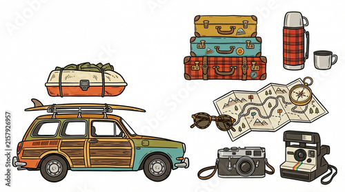 Car camping and road trip travel items hand drawn illustrations set. Vintage doodle drawings of luggage, camera and tourist gear. Clean line art collection for weekend journey branding.