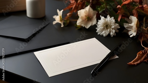 A blank greeting card rests on a dark surface beside flowers and a pen for writing messages or invitations