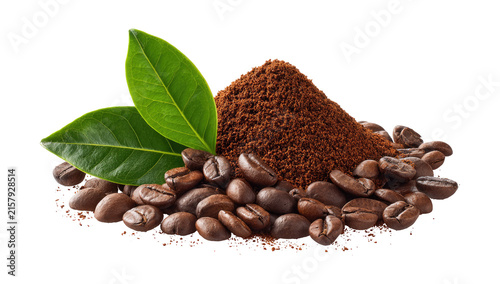 фотографія Heap of Roasted Coffee Beans and Ground Powder with Green Leaves 55