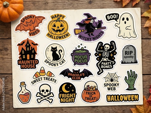 Retro Style Halloween Sticker Collection Featuring Classic Spooky Icons and Festive Holiday Elements for Seasonal Decor and Graphic Projects