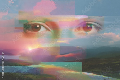 Rainbow glitch collage with floating human eyes over misty landscape for surreal background and poster design