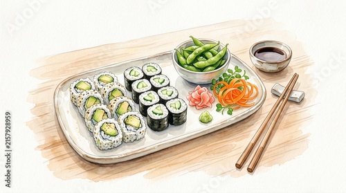 Hand-painted watercolor illustration showcases a Japanese sushi platter featuring fresh avocado and cucumber rolls. Healthy edamame and traditional condiments complete this delicious