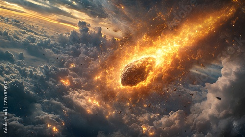 Aerial view of a fiery meteorite plunging through stormy clouds with lightning flashes creating dramatic sky scene evoking danger excitement and cosmic wonder for science fiction or disaster themed.
