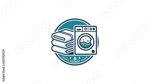 Hotel laundry service logo with stacked towels and retro analog clock for hospitality branding