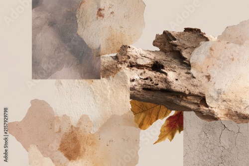Warm earthy collage of weathered tree bark and paper textures for background and poster design with natural rustic organic elements