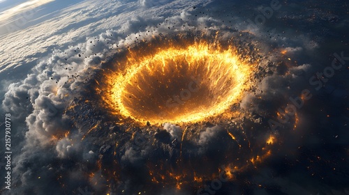 Aerial view of a massive meteorite impact crater glowing with fiery debris and smoke against a dark sky. Dramatic natural disaster scene capturing raw power of planetary collision.