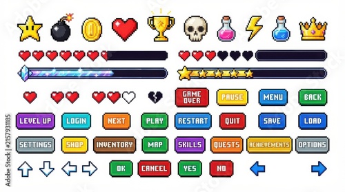 Pixel art video game user interface elements isolated on white background