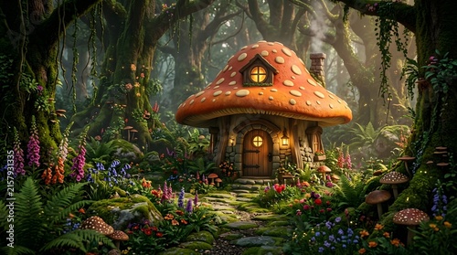3d fantasy depiction of a magical mushroom house