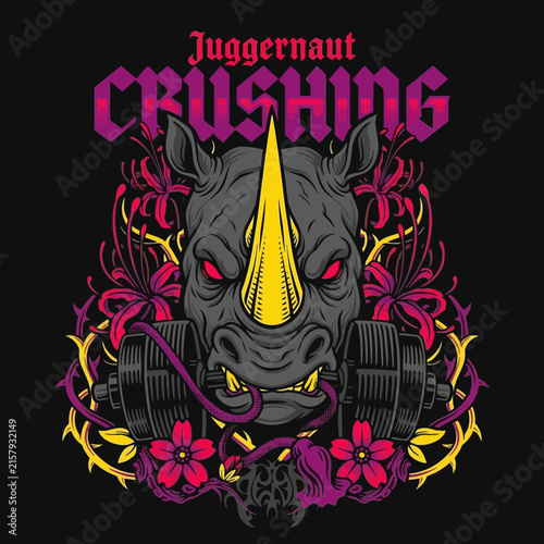 Bild auf Leinwand Aggressive rhinoceros gym mascot illustration with barbell and floral elements for t shirt design